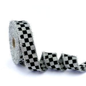 CHECKERED/PLAID GRAY GLITTER FRINGED RIBBON
