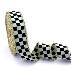 CHECKERED/PLAID GOLD GLITTER FRINGED RIBBON