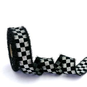 CHECKERED/PLAID BLACK GLITTER FRINGED RIBBON